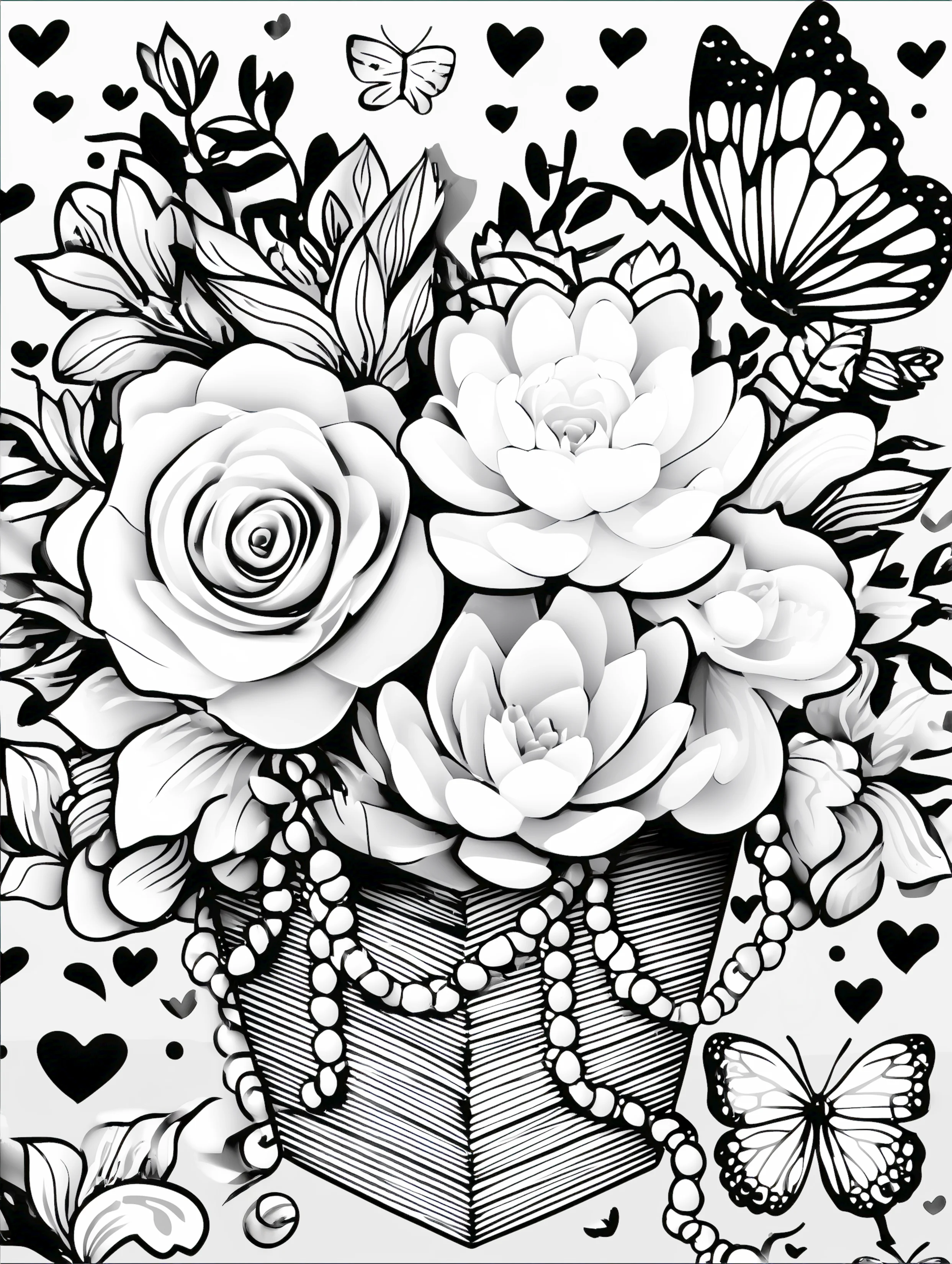 Free printable valentines coloring pages for adults featuring pretty square box of flowers and butterfly